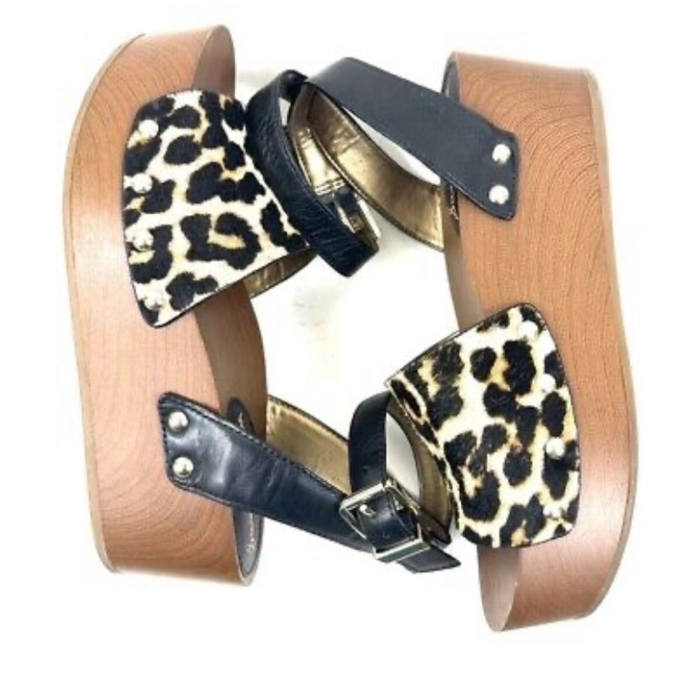Sam Edelman Brynn Wooden Black Fur Leopard Print Platform Wedge Sandals